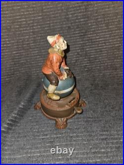 J & E Stevens Clown on Globe Cast Iron Mechanical Coin Bank Spinning Acrobat