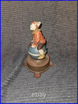 J & E Stevens Clown on Globe Cast Iron Mechanical Coin Bank Spinning Acrobat