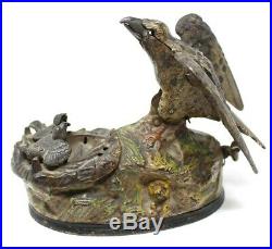 J & E Stevens Co 1883 Antique Eagle & Eaglets Bank Cast Iron Mechanical AS IS