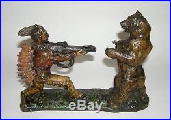 J & E Stevens Indian Shooting Bear Cast Iron Mechanical Bank NO RES (DAKOTApaul)