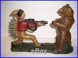 J&E Stevens Original Cast Iron Indian Shooting Bear Mechanical Bank