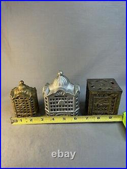 Lot Of 3 cast iron bank building coin register house Safe