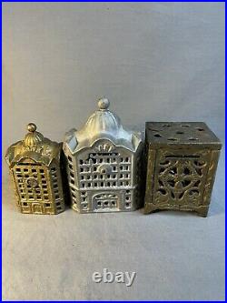 Lot Of 3 cast iron bank building coin register house Safe