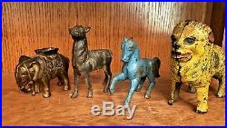 Lot of 4 Antique Cast Iron Still Bank AnimalsLion, Horse, Elephant, Deer