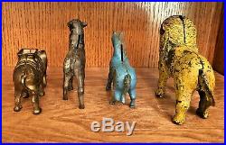 Lot of 4 Antique Cast Iron Still Bank AnimalsLion, Horse, Elephant, Deer