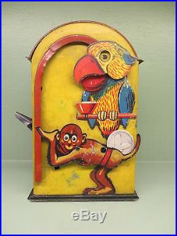 MONKEY & PARROT Mechanical Bank. Amusing Original Antique Americana Toy