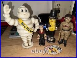 Michelin Mr. Peanut Popeye Bambino Piggy Bank Lot x4 Cast Iron Patina Collector