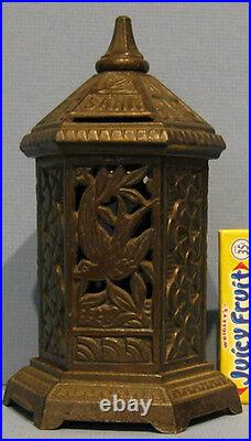 NOW ON SALE, ORIG OLD ORNATE SPACE HEATER CAST IRON TOY BANK WithBIRD DESIGN BK808