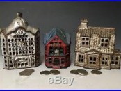 NR (3) Antique Painted Cast Iron Still Penny Building & House Banks, ca. 1925