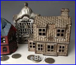 NR (3) Antique Painted Cast Iron Still Penny Building & House Banks, ca. 1925