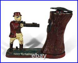 Nice Old Vintage Teddy And The Bear Mechanical Bank Cast Iron Polychrome Paint Nice Old Vintage Teddy And The Bear Mechanical Bank Cast Iron Polychrome Paint