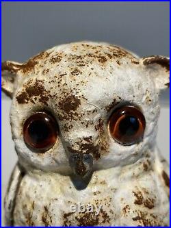 OWL Antique Cast Iron Glass Eyes Figural Bird Decorative Art Statue Coin Bank