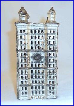 Old Silver Colored Cast Iron Still Penny Bank Skyscraper 5 1/2 by A. C. Williams