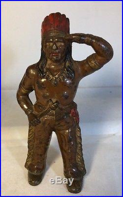 Old Vtg Cast Iron Indian Chief Head Dressing Standing Still Coin Piggy Bank