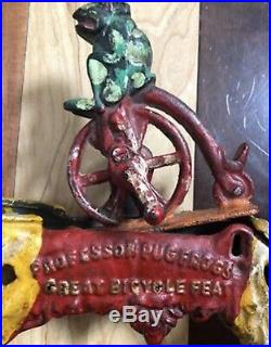 Original 1875 Cast Iron Professor Pug Frogs Great Bicycle Feat Mechanical Bank
