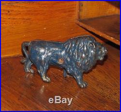 Original 1910 -1920 Antique Vtg Hubley Blue Lion Cast Iron Still Penny Bank NR