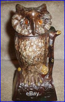 Original Antique Cast Iron J & E Stevens Mechanical Owl Bank Glass Eyes