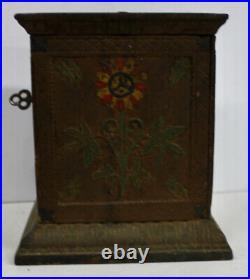 Original Antique J&E Stevens Cast Iron Floral Safe Still Bank withKey