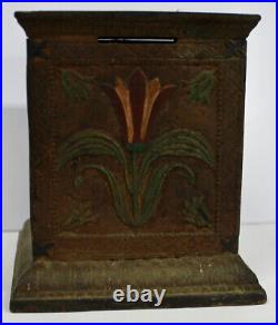 Original Antique J&E Stevens Cast Iron Floral Safe Still Bank withKey
