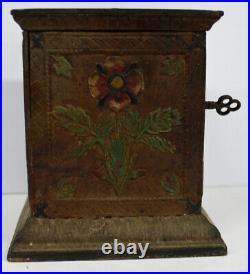 Original Antique J&E Stevens Cast Iron Floral Safe Still Bank withKey