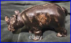 Original Antique Vtg 1910 -1925 Arcade Black Cast Iron Rhino Still Penny Bank