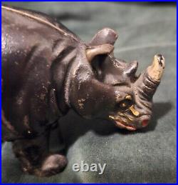 Original Antique Vtg 1910 -1925 Arcade Black Cast Iron Rhino Still Penny Bank