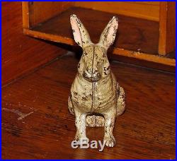 Original Antique Vtg Wing Hubley Cast Iron Bunny Rabbit Penny Bank with Turnpin NR