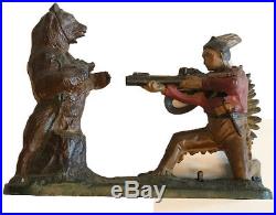 Original Authentic Cast Iron Mechanical Bank Indian Shooting Bear J & E Stevens