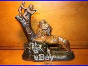 Original Cast Iron Lion & 2 Monkeys Mechanical Bank by Kyser & Rex c. 1883 with Key