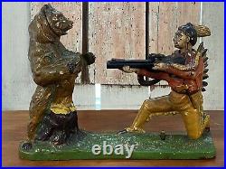 Original Cast Iron Mechanical Bank Indian Shooting Bear J & E Stevens Co 1888