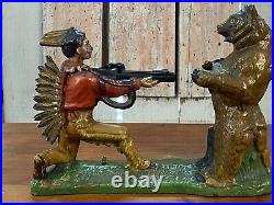 Original Cast Iron Mechanical Bank Indian Shooting Bear J & E Stevens Co 1888