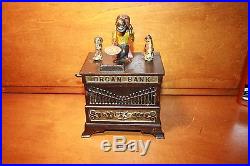 Original Cast Iron Monkey Organ Mechanical Bank by Kyser & Rex c. 1881 Cat & Dog