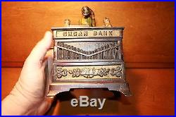 Original Cast Iron Monkey Organ Mechanical Bank by Kyser & Rex c. 1881 Cat & Dog
