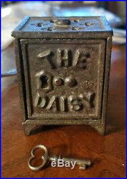 Original Cast Iron The Daisy Safe Still Bank Shimer Toy Co 1899 with Key