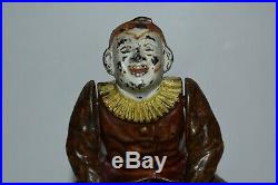 Original Clown On Globe Cast Iron Mechanical Bank, Great Paint 1890 No Reserve