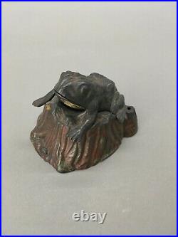 Original J&E Stevens Toad on Stump Cast Iron Mechanical Coin Bank