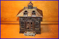 Original Japanned Antique Cast Iron State Building Bank by Kenton c. 1900 with Key