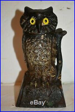Original Owl Turns Head Cast Iron Mechanical Bank, First Paint No Reserve