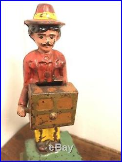Original Painted Antique Cast Iron Monkey Mechanical Bank by Hubley 1920, s