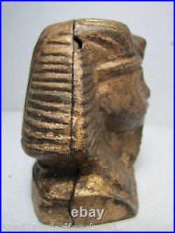 Pharoahs Head Egyptian Cast Iron Figural Bank Paperweight Gold Paint Detailed
