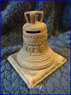 RARE 1876 Centennial Cast Iron Liberty Bell Bank, with wood base original 1776