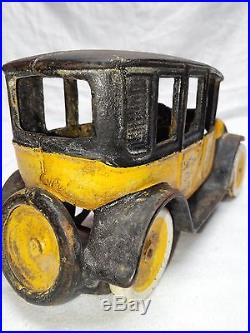 RARE ANTIQUE 1920's ARCADE CAST IRON TOY TAXI YELLOW CAB CO CAR BANK DOOR STOP