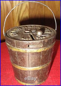 RARE ANTIQUE PENNY REGISTER BUCKET PAIL STILL COIN BANK CAST IRON AND METAL