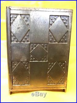 RARE LARGE ANTIQUE CAST IRON DIAMOND SAFE NICKEL PLATED BANK With DRAWERS & KEY