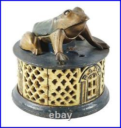 RARE Original Frog On Lattice Cast Iron Mechanical Bank by J&E STEVENS and CO
