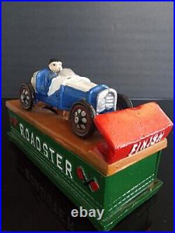 Race Car ROADSTER Mechanical Cast Iron Piggy Bank Antique Vintage