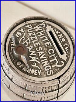 Rare Antique 1894 Advertising Barrel Bank #1 White City Puzzle Savings Cast Iron