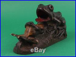 Rare Antique 19thC Original Two Frogs Metal Cast Iron Toy Bank
