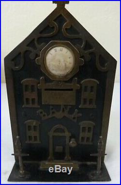 Rare Antique Cast Iron & Brass Penny Bank A. Lee Smith 1865 Titled Bank Watchface
