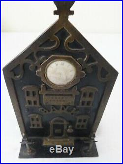 Rare Antique Cast Iron & Brass Penny Bank A. Lee Smith 1865 Titled Bank Watchface